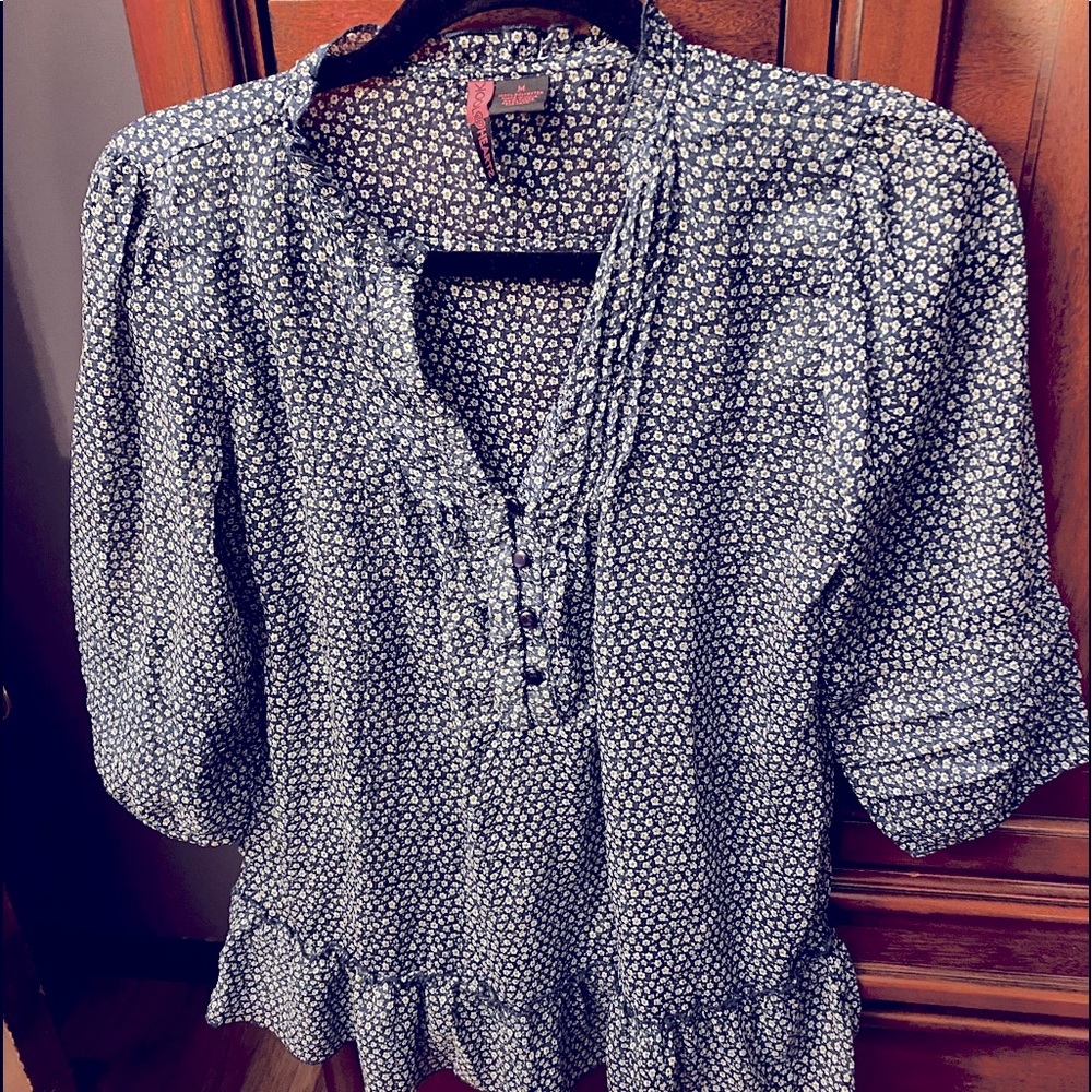 blue blouse with white floral polka dots